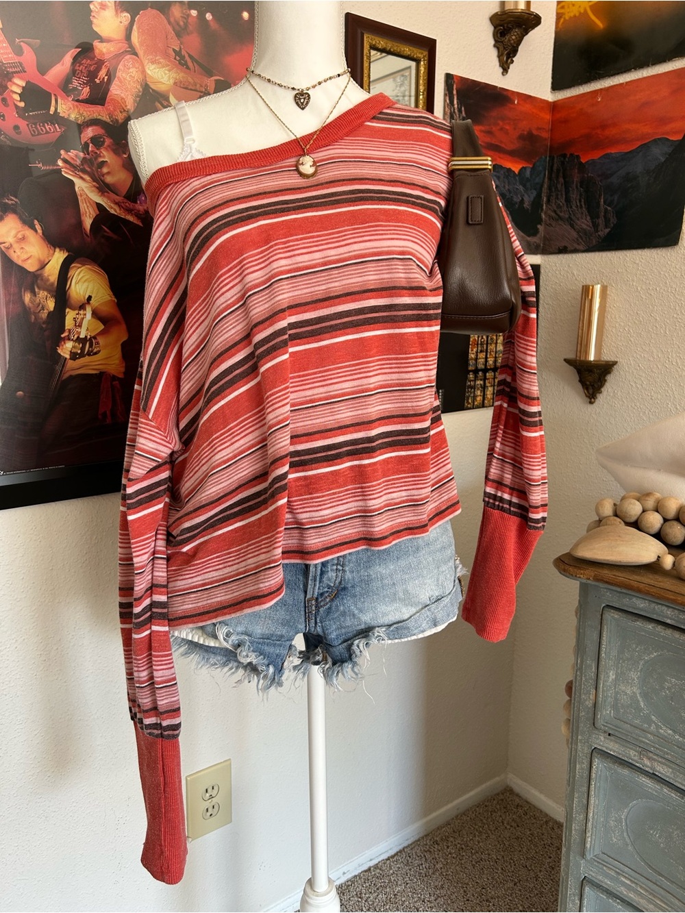 Y2K Indie Grunge Boxy Pullover Women’s Striped Oversized Off The Shoulder Boho